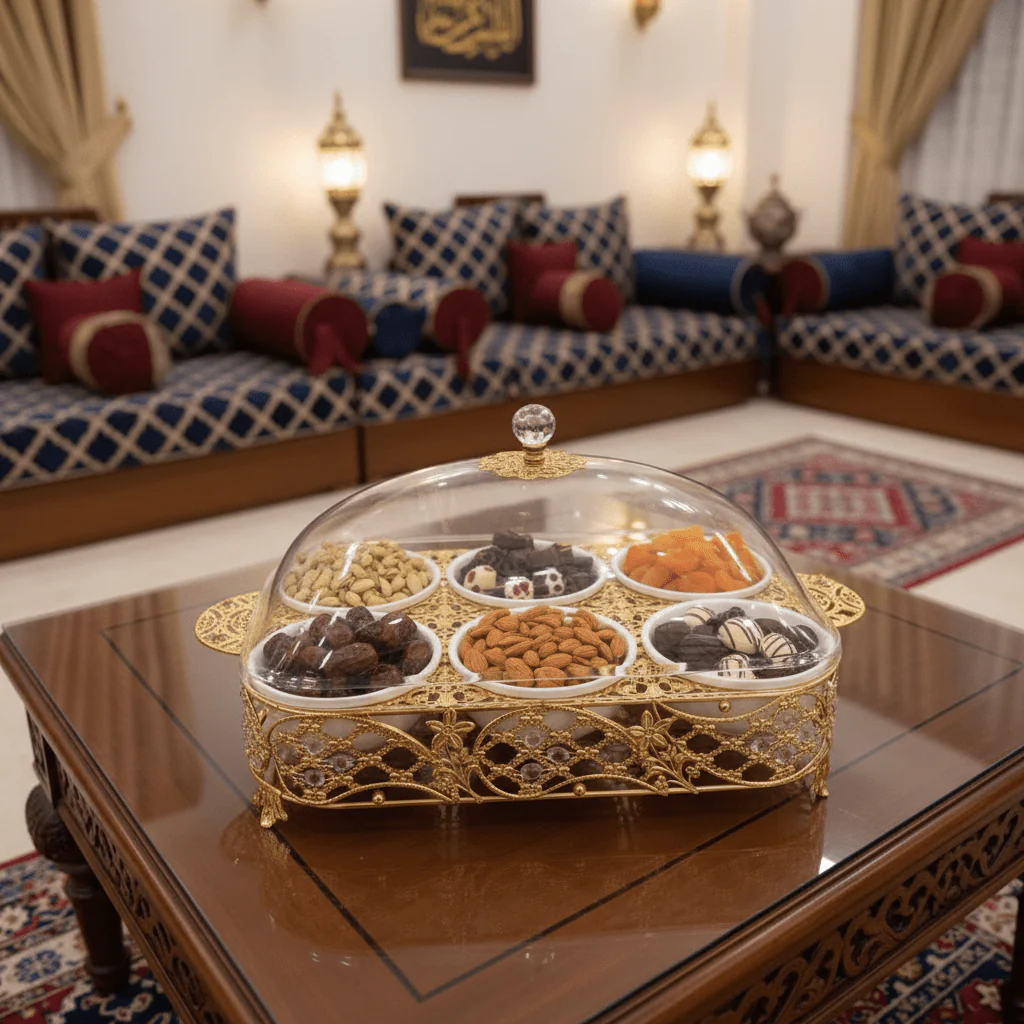 Luxury 6-Section White Ceramic Candy Serving Bowl with Premium Gold Metal Holder & Decorative Lid for Chocolates Nuts Dates and Dry Fruits – Elegant Majlis Table Display Tray 40×27 cm - Image 2