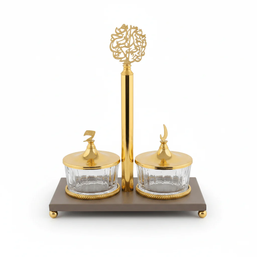 Luxury Majlis 2-Section Glass Candy Serving Bowl with Brown Metal Stand & Premium Gold Lid – Elegant Dry Fruit and Chocolate Server 25×13 cm - Image 3