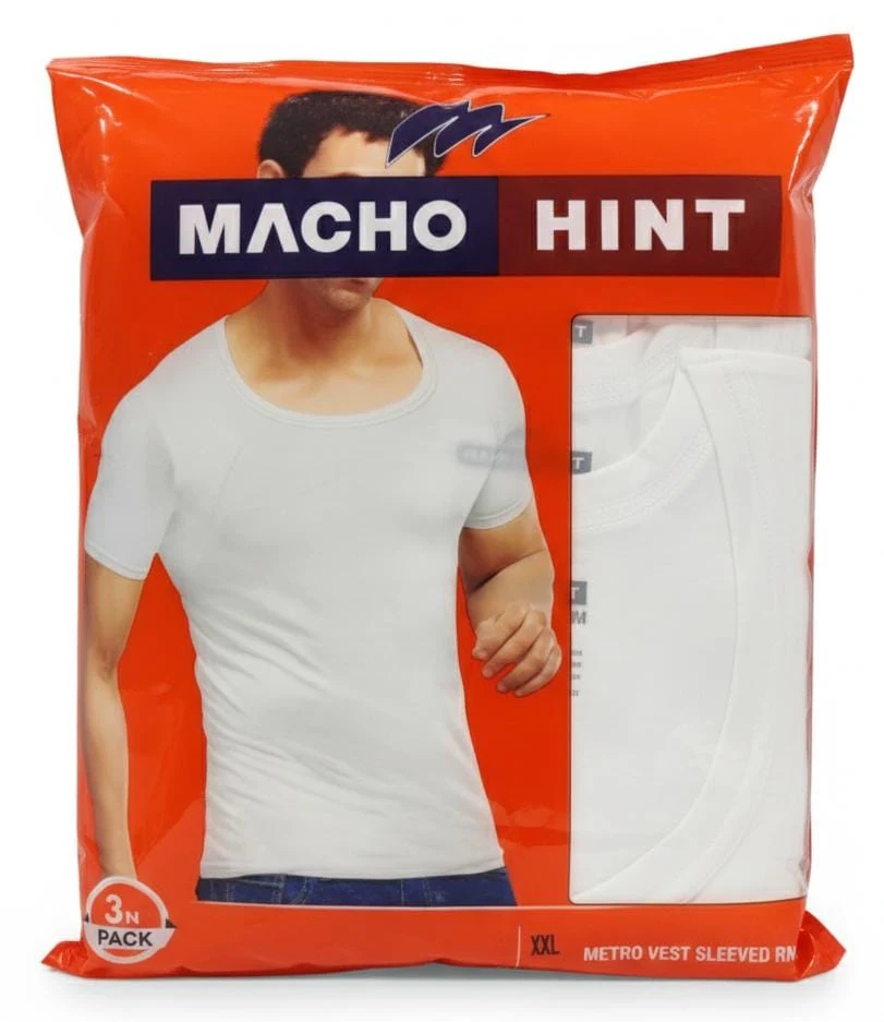 Machohint Men’s Cotton Sleeved Vest – Comfortable Everyday Innerwear, White, Size XXL (Pack of 3)