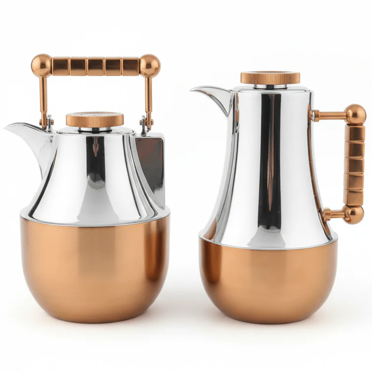 Mahra 1L Vacuum Flask Set – Silver Body with Matte Copper Finish (2 Pieces)
