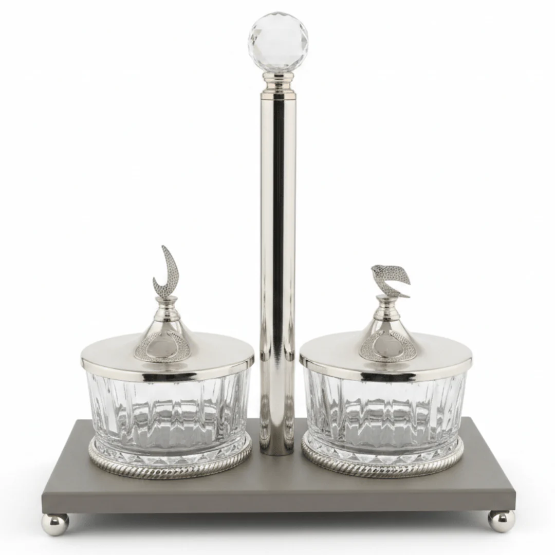 Majlis Style 2-Section Glass Candy Bowl with Grey Metal Stand & Elegant Silver Lid – Decorative Serving Dish for Sweets Chocolates and Nuts 25×13 cm