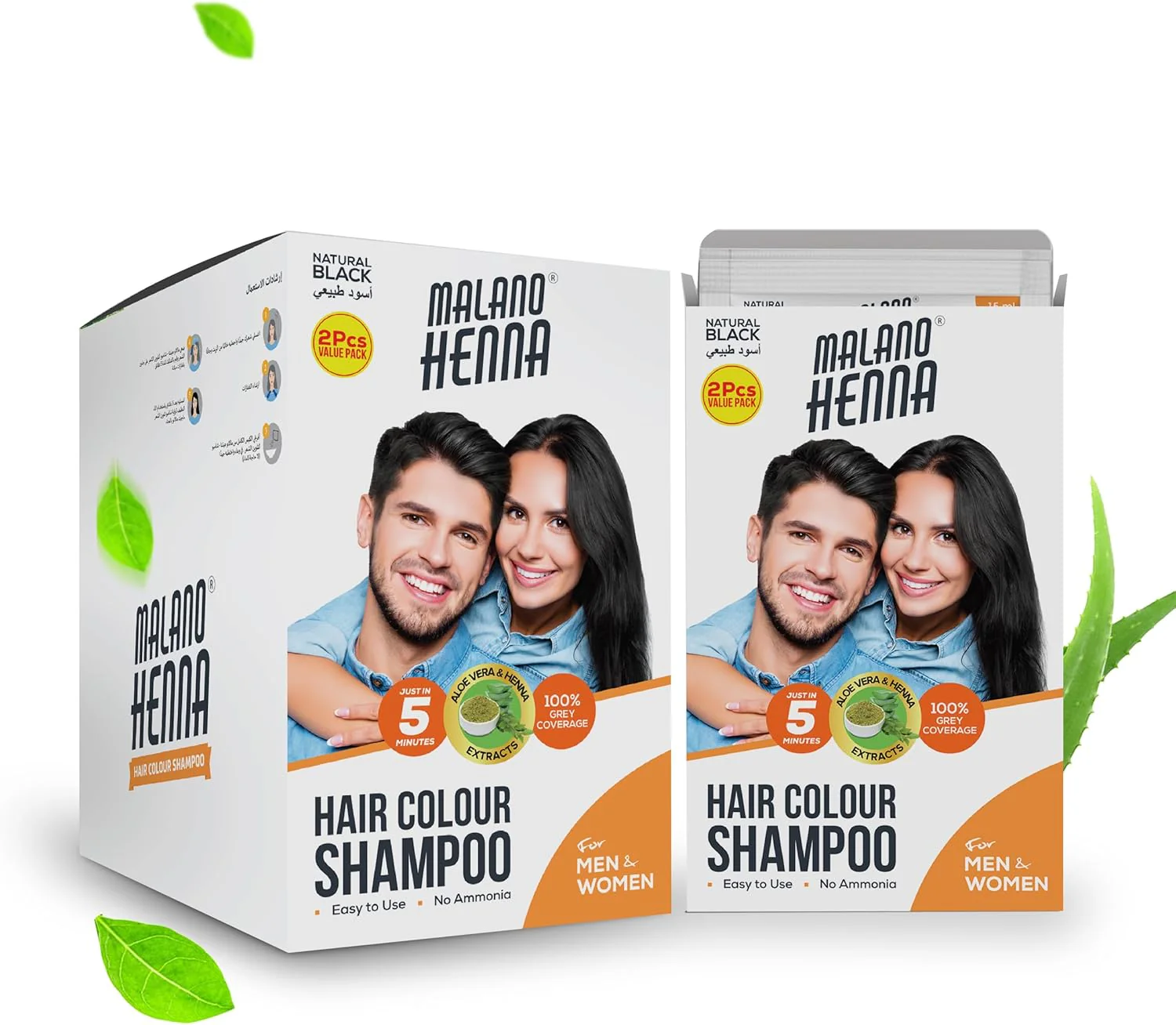 Malano Henna Hair Colour Shampoo Natural Black, Aloe vera & Henna Extract, 100% Grey Coverage, No Amonia, Works in Just 5 Mins, Easy to Use-2x15ML