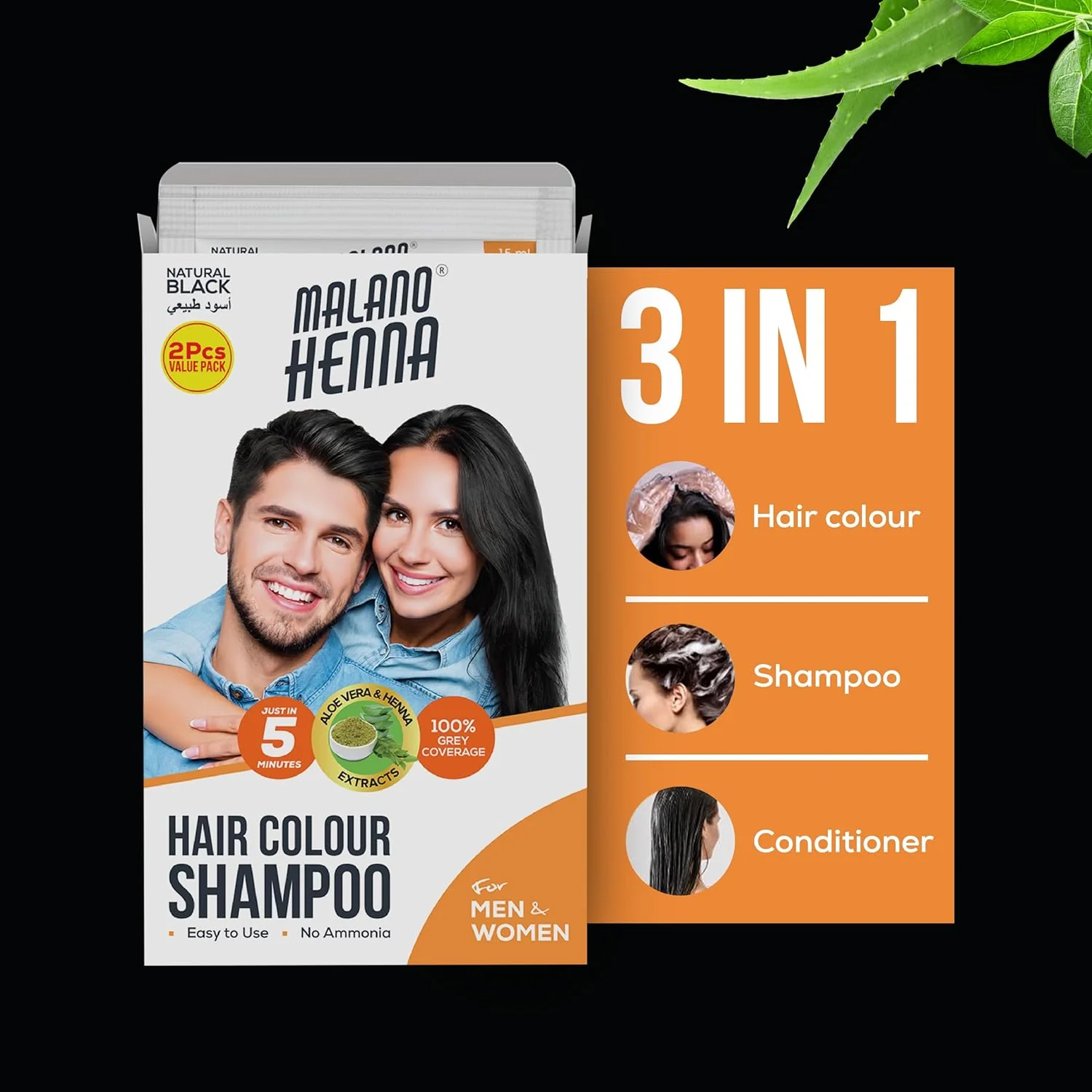 Malano Henna Hair Colour Shampoo Natural Black, Aloe vera & Henna Extract, 100% Grey Coverage, No Amonia, Works in Just 5 Mins, Easy to Use-2x15ML - Image 2