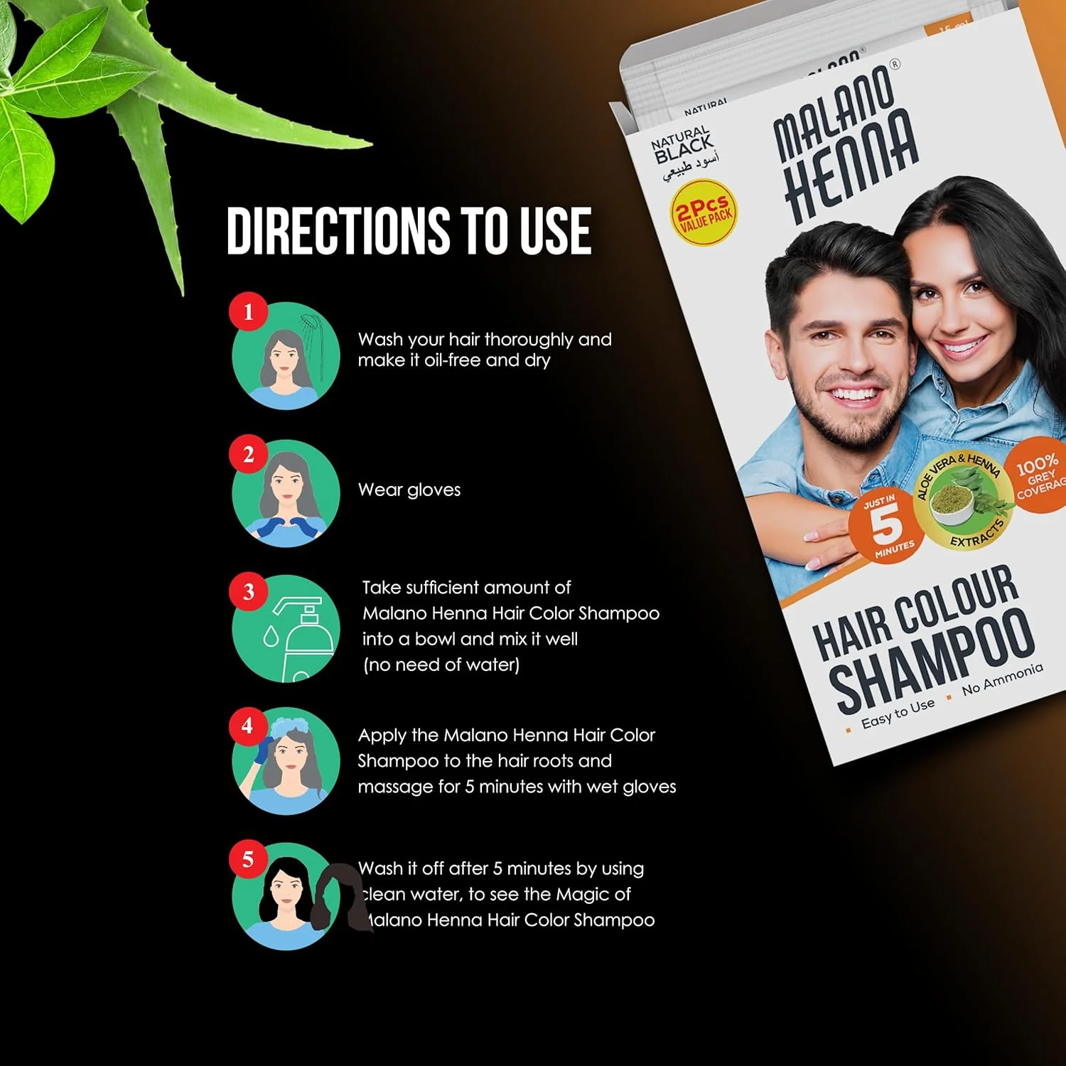 Malano Henna Hair Colour Shampoo Natural Black, Aloe vera & Henna Extract, 100% Grey Coverage, No Amonia, Works in Just 5 Mins, Easy to Use-2x15ML - Image 3