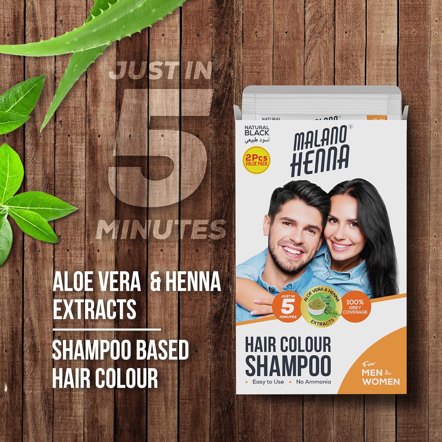 Malano Henna Hair Colour Shampoo Natural Black, Aloe vera & Henna Extract, 100% Grey Coverage, No Amonia, Works in Just 5 Mins, Easy to Use-2x15ML - Image 4