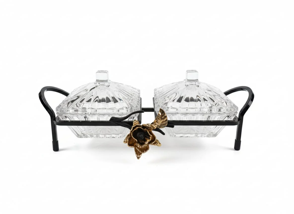MAY FLOWER 2-Tier Crystal Candy Pot with Black and Gold Metal Holder – Decorative Serving Dish for Sweets, Snacks, or Dry Fruits – Elegant Home Display 32x10 cm - Image 2