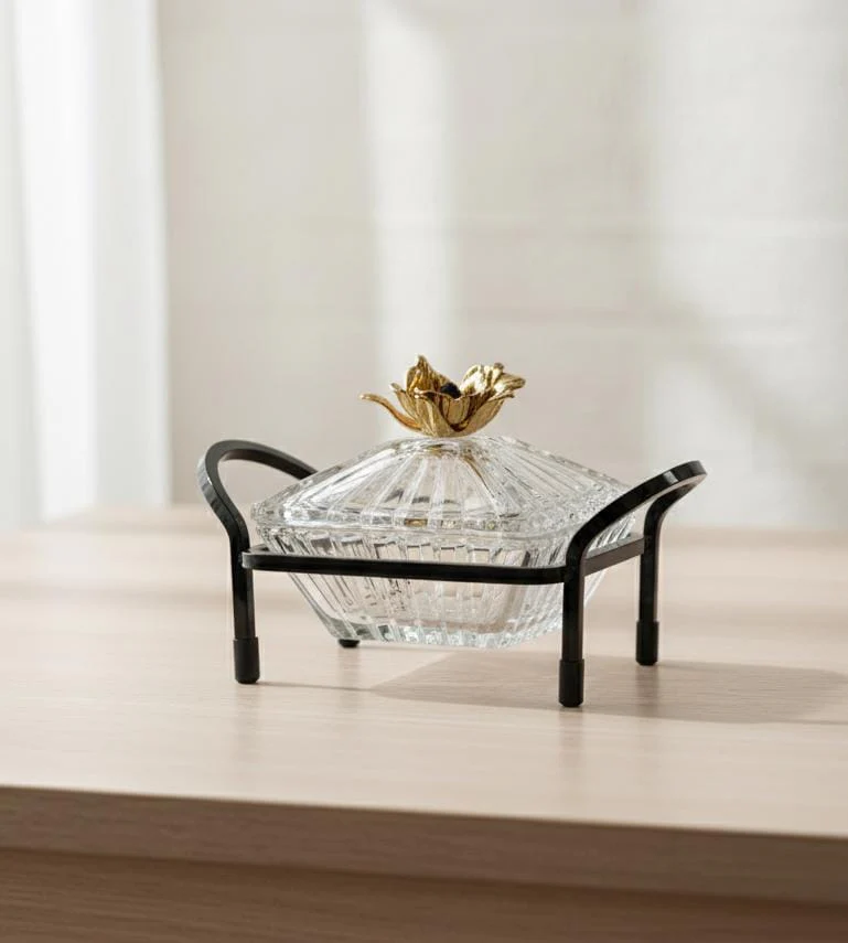 MAY FLOWER Crystal Candy Pot with Black and Gold Metal Holder – Decorative Jar for Sweets, Dry Fruits, or Chocolate – Luxury Table Centerpiece 20x12 cm