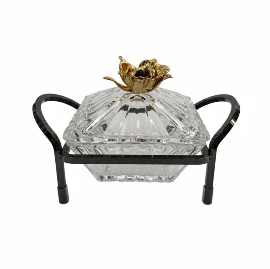 MAY FLOWER Crystal Candy Pot with Black and Gold Metal Holder – Decorative Jar for Sweets, Dry Fruits, or Chocolate – Luxury Table Centerpiece 20x12 cm - Image 2