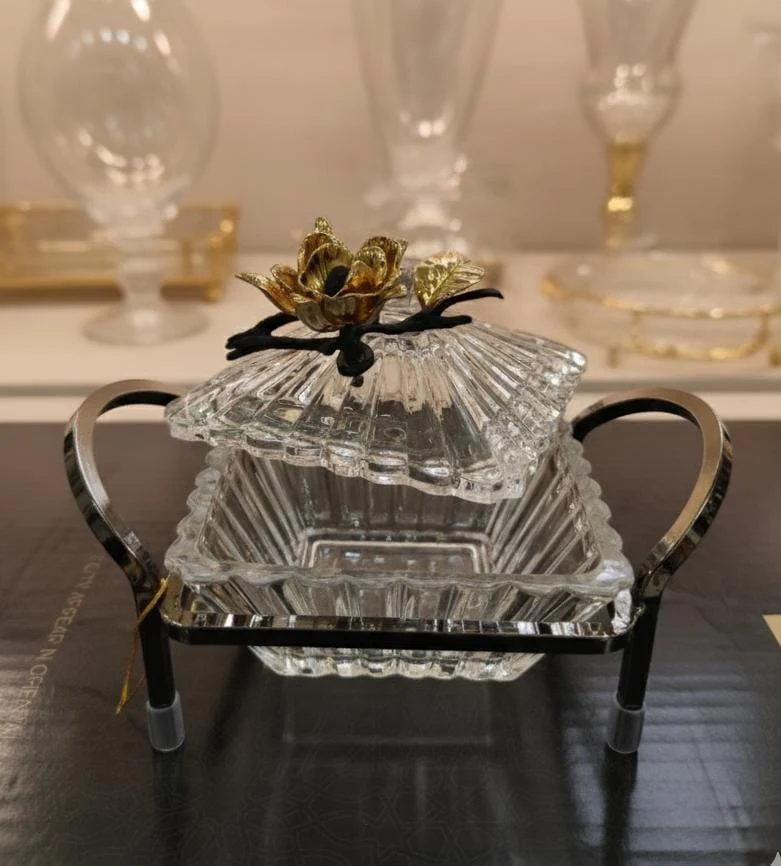 MAY FLOWER Crystal Candy Pot with Black and Gold Metal Holder – Decorative Jar for Sweets, Dry Fruits, or Chocolate – Luxury Table Centerpiece 20x12 cm - Image 3