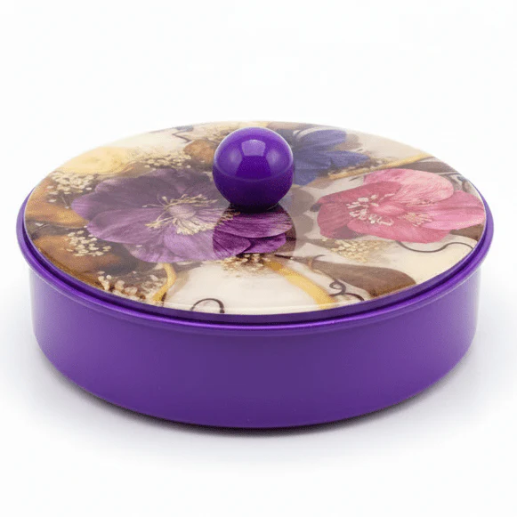 May Flower Decorative Round Purple Candy Box with Elegant Lid for Home & Event Use – 15cm