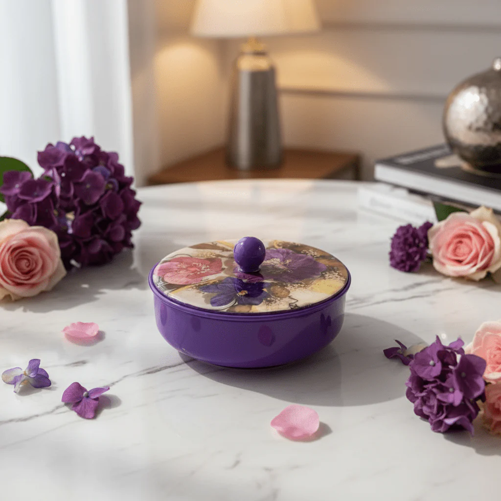 May Flower Decorative Round Purple Candy Box with Elegant Lid for Home & Event Use – 15cm - Image 2