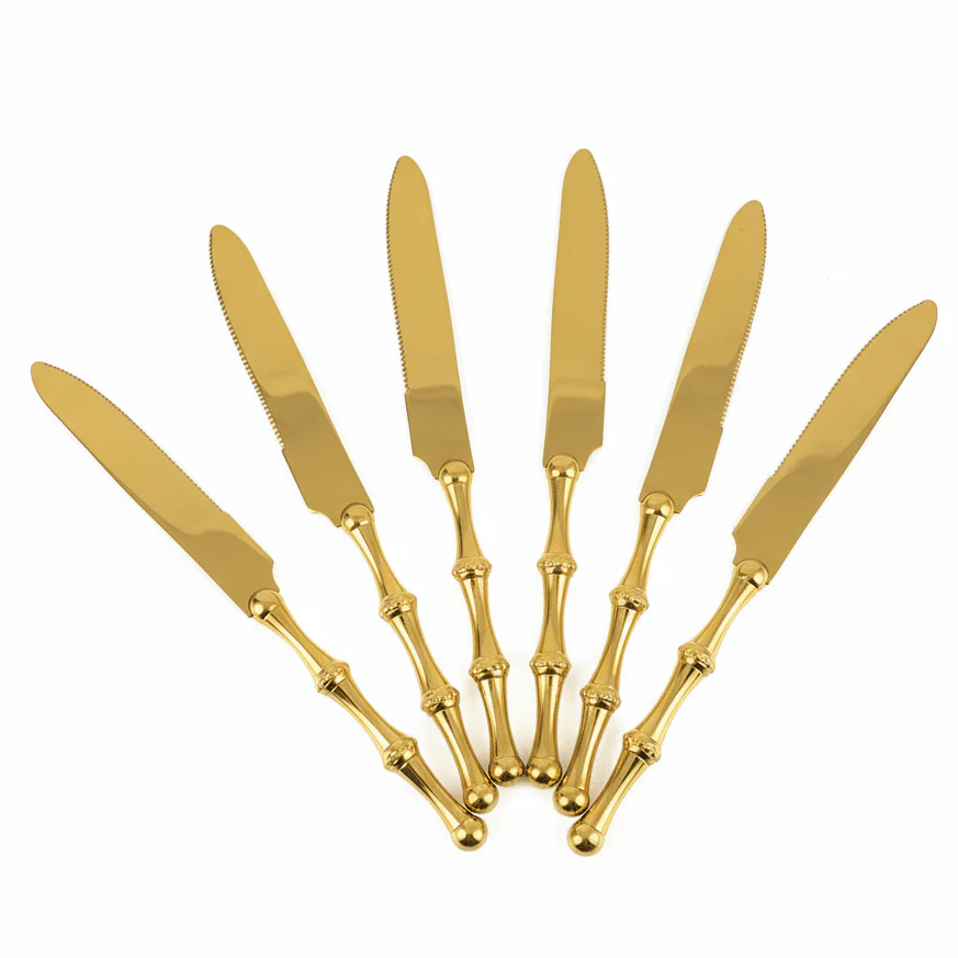 May Flower Gold Finish Stainless Steel Dinner Knife Set (6 pcs) – Elegant Dining Cutlery 23 cm