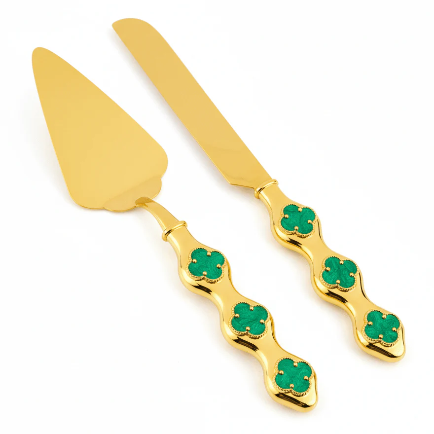 MayFlower Stainless Steel Gold Green Floral Handle Cake Server Knife Set Elegant Cake Cutting Set for Weddings and Celebrations – 2 Pieces 28 cm