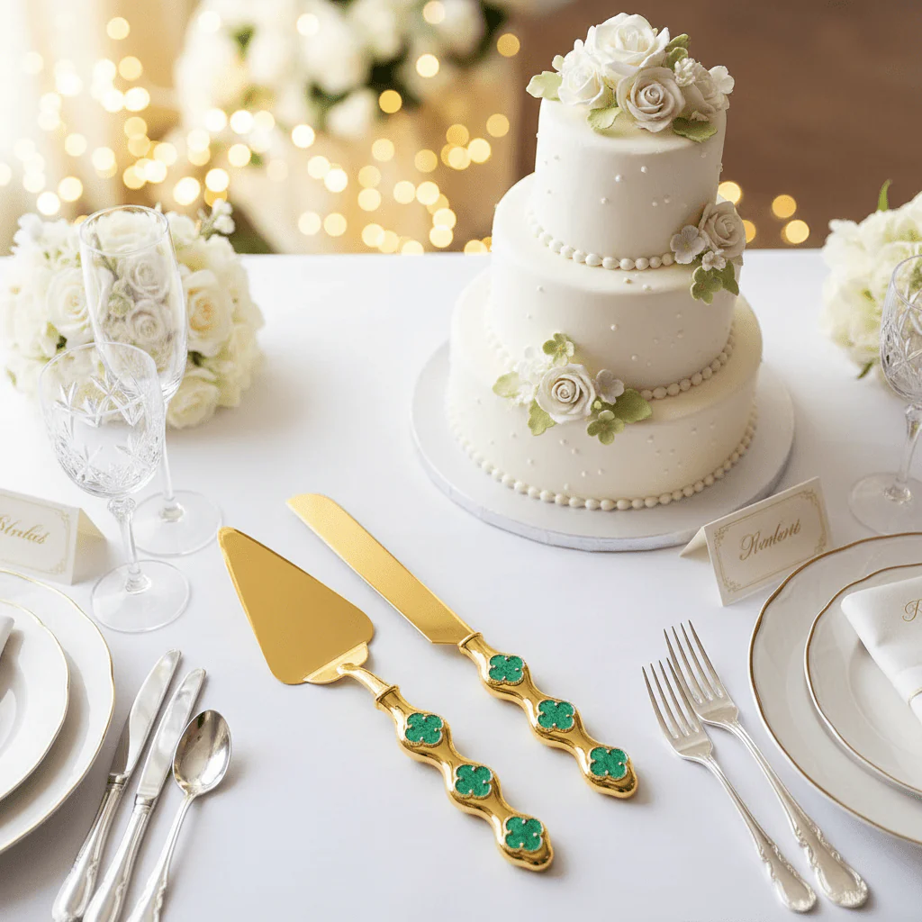 MayFlower Stainless Steel Gold Green Floral Handle Cake Server Knife Set Elegant Cake Cutting Set for Weddings and Celebrations – 2 Pieces 28 cm - Image 2