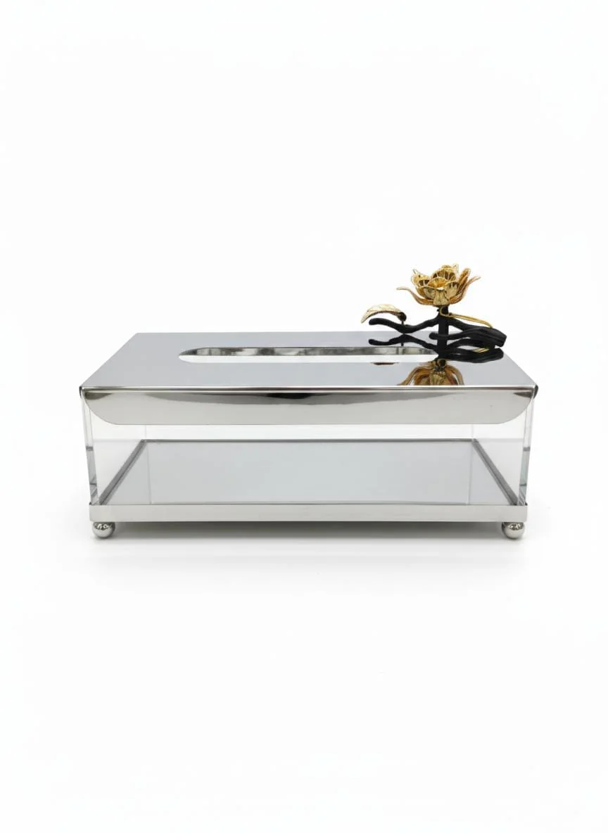 MAY FLOWER Luxury Metallic Tissue Box – Silver with Gold Finish Elegant Design – Stylish Tissue Holder for Living Room, Office, or Vanity Table - Image 2