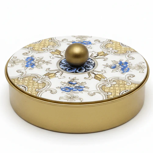 May Flower Luxury Round Gold Candy Box with Decorative Lid for Sweets, Chocolates & Gift Storage – 15cm