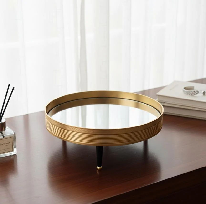MAY FLOWER Luxury Round Mirror Tray with Gold Finish – Elegant Decorative Serving and Display Tray for Perfumes, Candles, or Desserts – Home & Event Decor 30x13 cm
