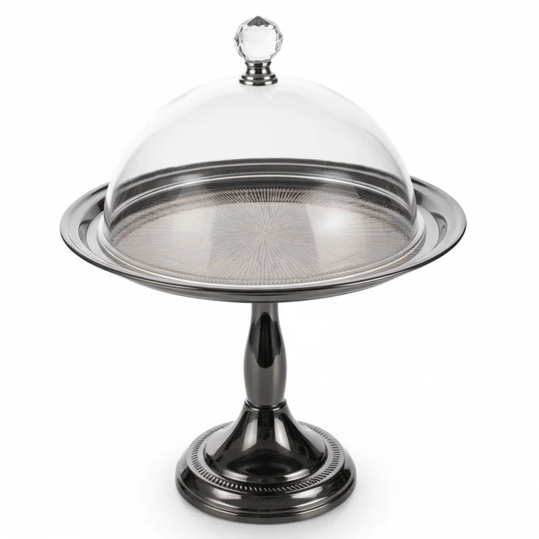 MayFlower NoirServe Tinted Black Footed Metal Serving Tray with Acrylic Lid Modern Display Tray 20cm