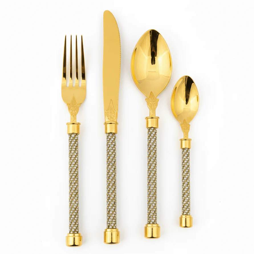 MayFlower Stainless Steel Premium Gold Diamond Handle Full Cutlery Set Luxury Tableware Set for Dining and Gifting – 24 Pieces