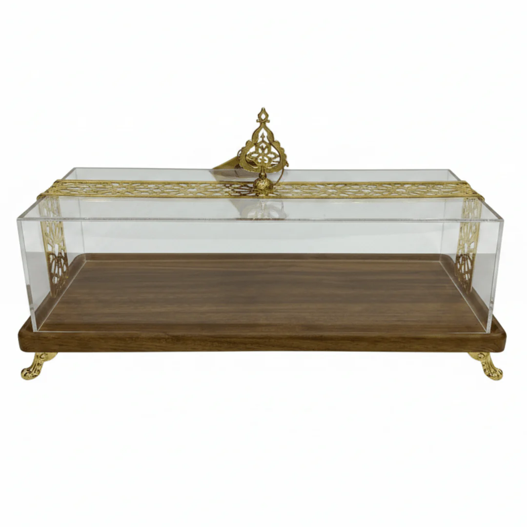 May Flower Rectangular Wooden Serving Tray with Clear Acrylic Cover Lid – Elegant Serving Display – 40 × 20 × 15 cm