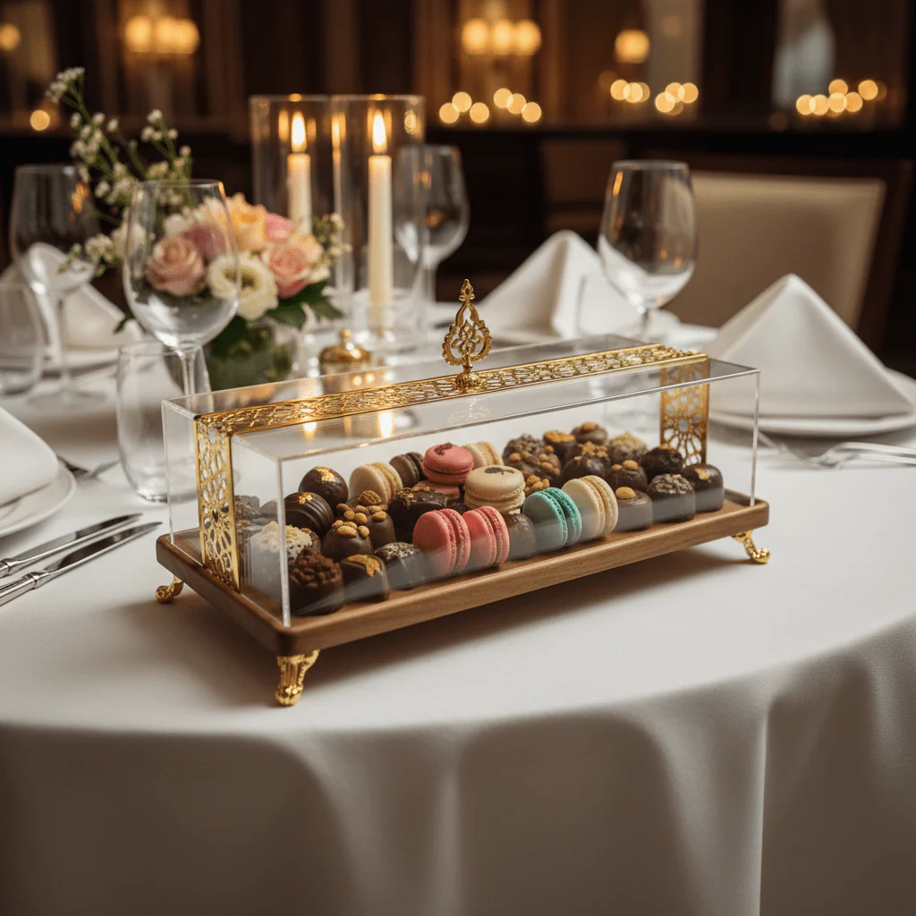 May Flower Rectangular Wooden Serving Tray with Clear Acrylic Cover Lid – Elegant Serving Display – 40 × 20 × 15 cm - Image 2