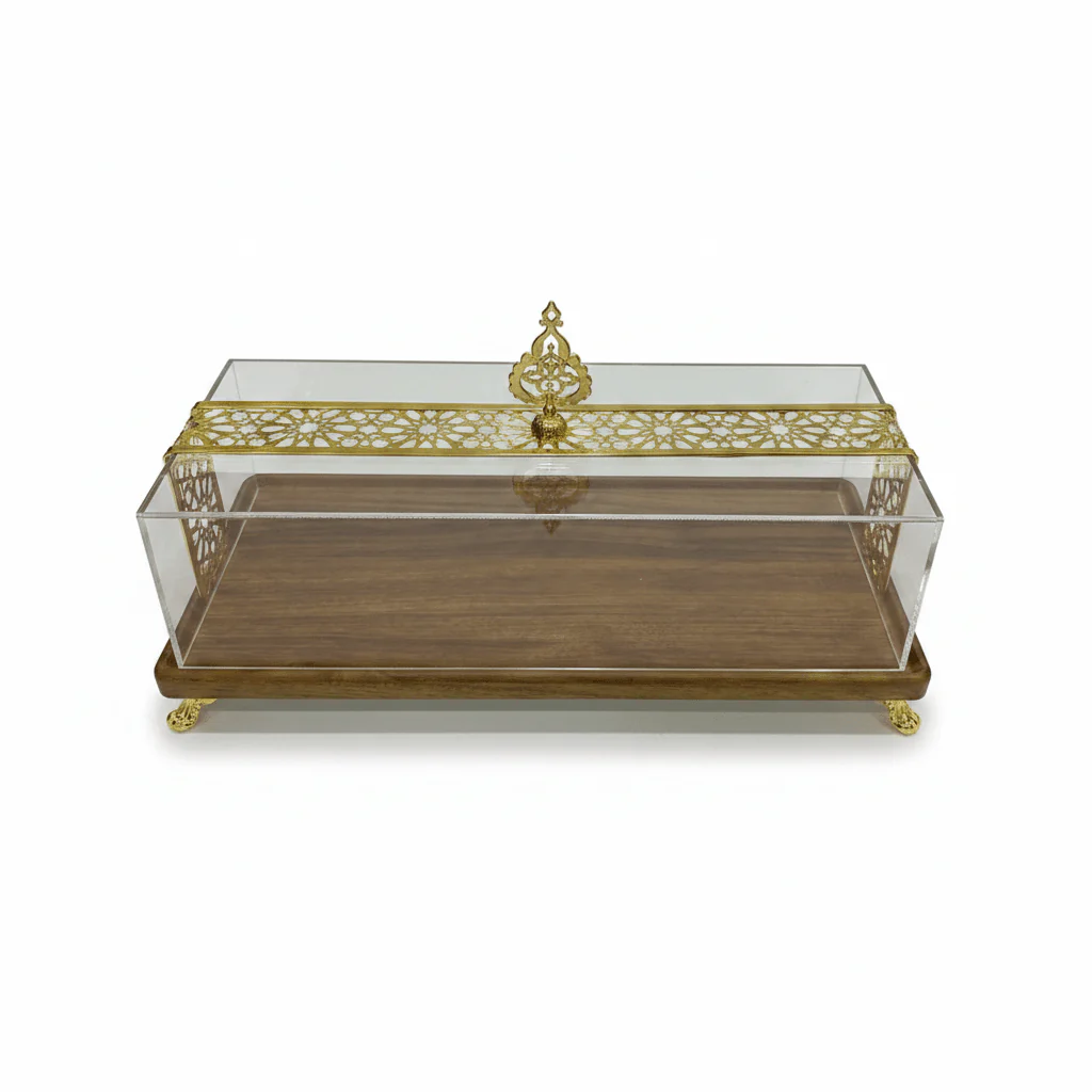 May Flower Rectangular Wooden Serving Tray with Clear Acrylic Cover Lid – Elegant Serving Display – 40 × 20 × 15 cm - Image 3