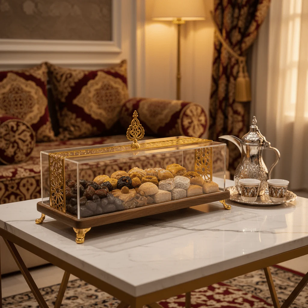 May Flower Slim Rectangular Wooden Serving Tray with Transparent Acrylic Lid – Modern Design – 40 × 14 × 14 cm - Image 2