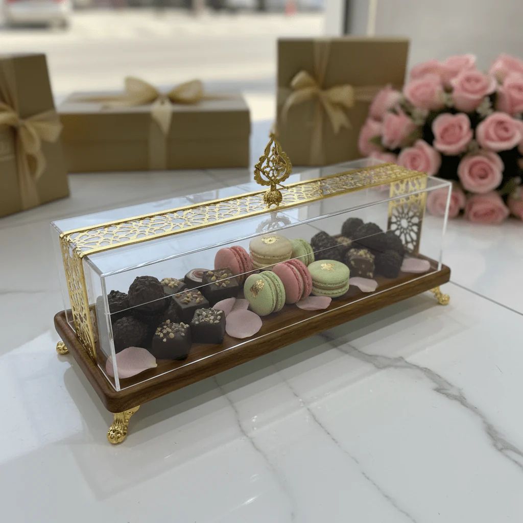 May Flower Slim Rectangular Wooden Serving Tray with Transparent Acrylic Lid – Modern Design – 40 × 14 × 14 cm - Image 3