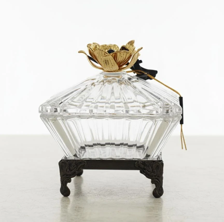 MAY FLOWER Small Crystal Candy Pot with Black and Gold Metal Holder – Elegant Decorative Jar for Dry Fruits, Chocolates, and Sweets – Perfect Gift Item 17x12 cm - Image 2