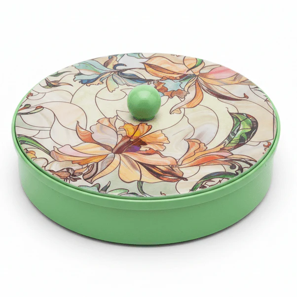 May Flower Stylish Round Green Candy Box with Lid for Snacks & Dry Fruit Storage – 20cm