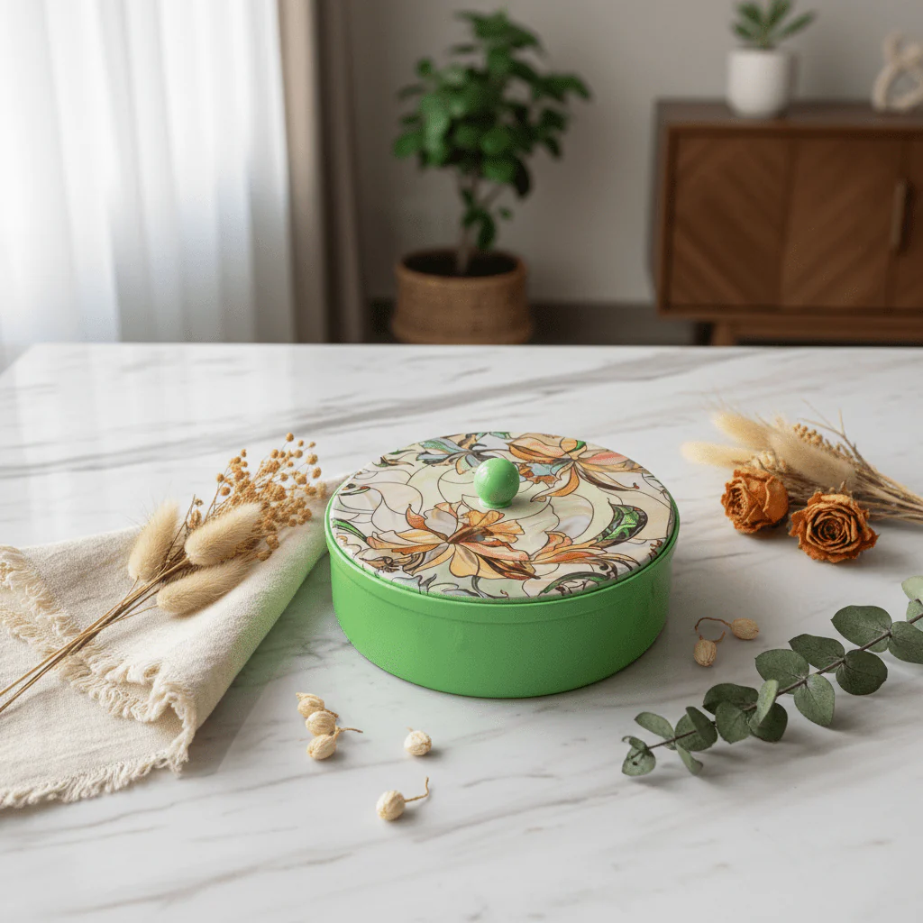 May Flower Stylish Round Green Candy Box with Lid for Snacks & Dry Fruit Storage – 20cm - Image 2