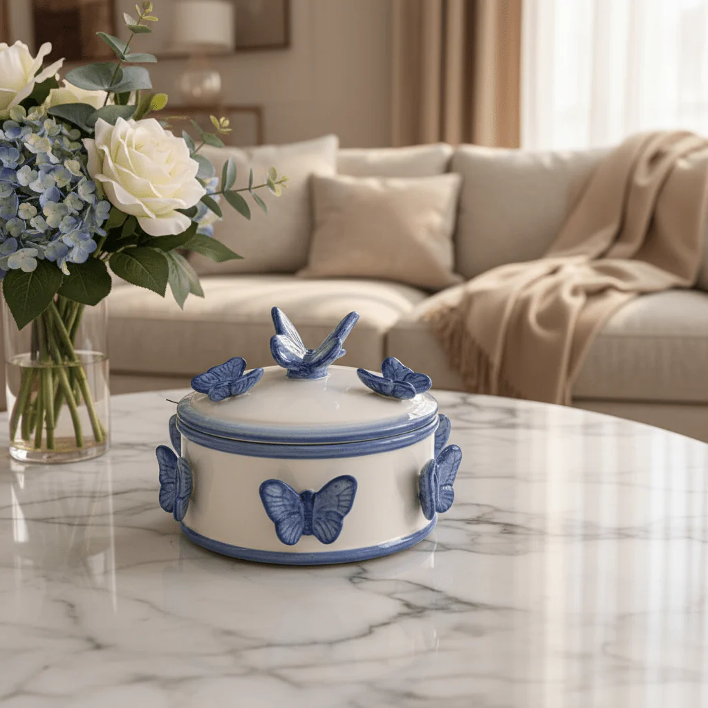 May Flower White Ceramic Candy Pot with Blue Butterfly Design Compact Storage Jar 15x8cm - Image 2