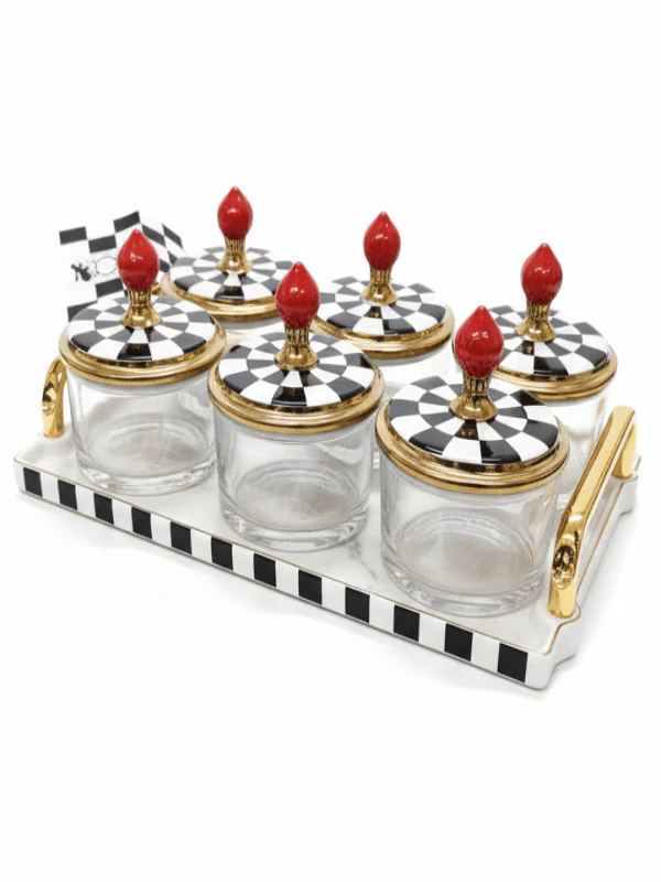Mayflower Glass & Ceramic Candy Pot Set with Tray – 6 Pieces, Black & White Luxury Serving Set (8*10 Cm Per Pot)