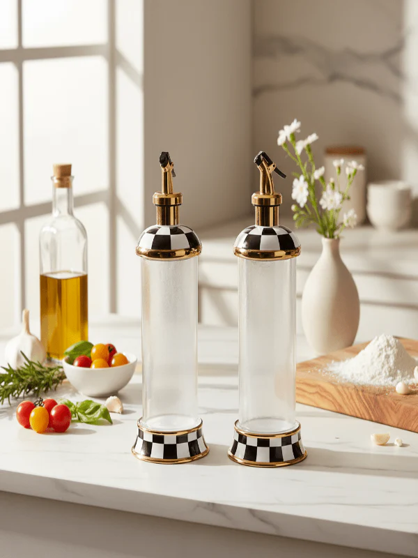 Mayflower Glass & Ceramic Oil Bottle Set – 2 Pieces, 28 × 10 cm, Black & White Kitchen Dispenser - Image 2