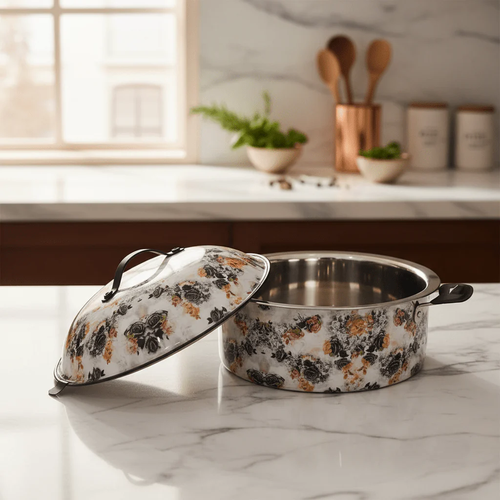 MayFlower Stainless Steel Thermal Hot Pot 3.5L – White with Black Flower Design - Image 3