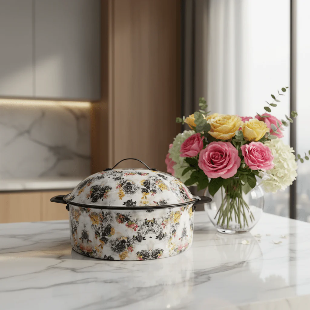 MayFlower Stainless Steel Thermal Hot Pot 3.5L – White with Black Flower Design - Image 4