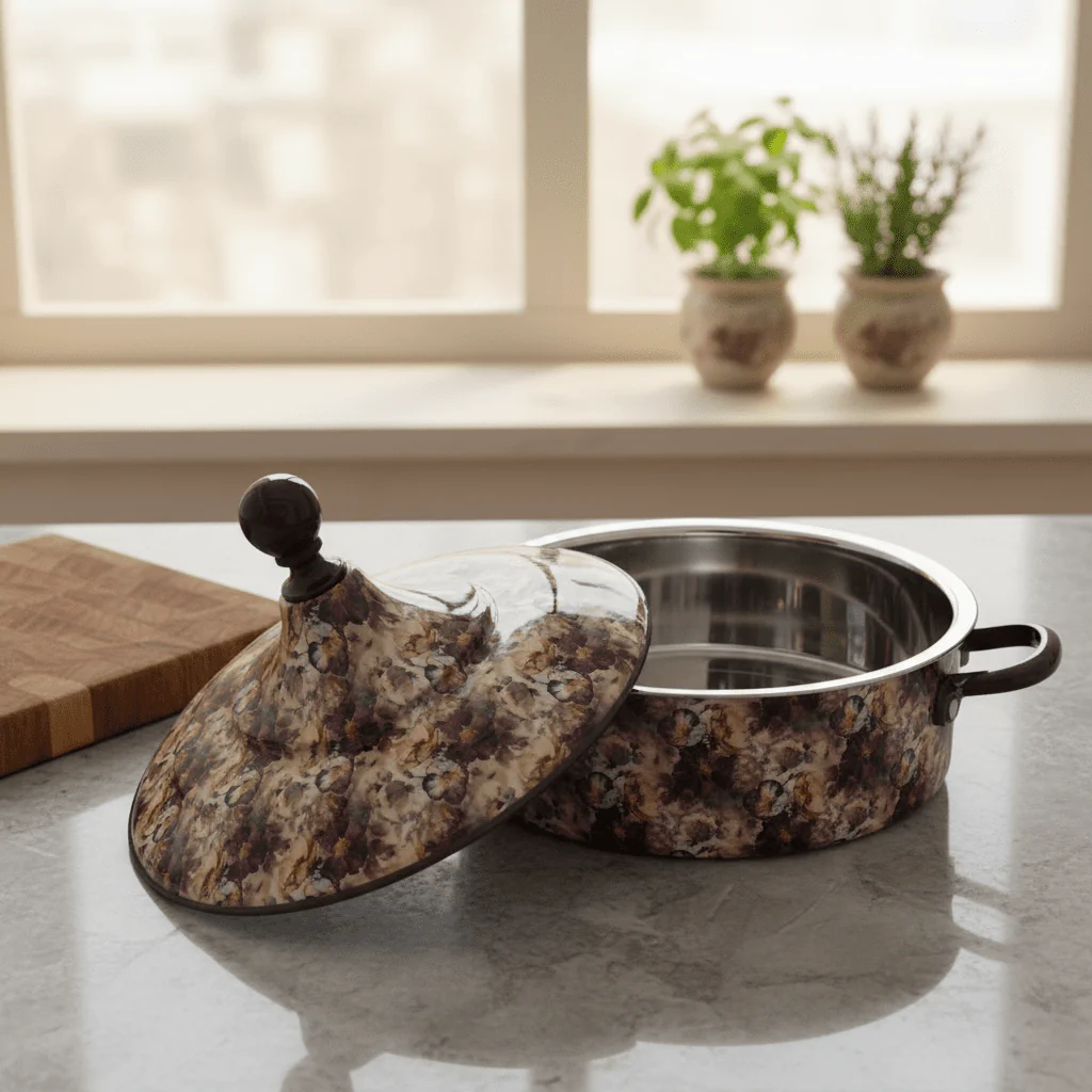 MayFlower Stainless Steel Thermal Hot Pot 8L – Beige with Violet Floral Design - Image 4