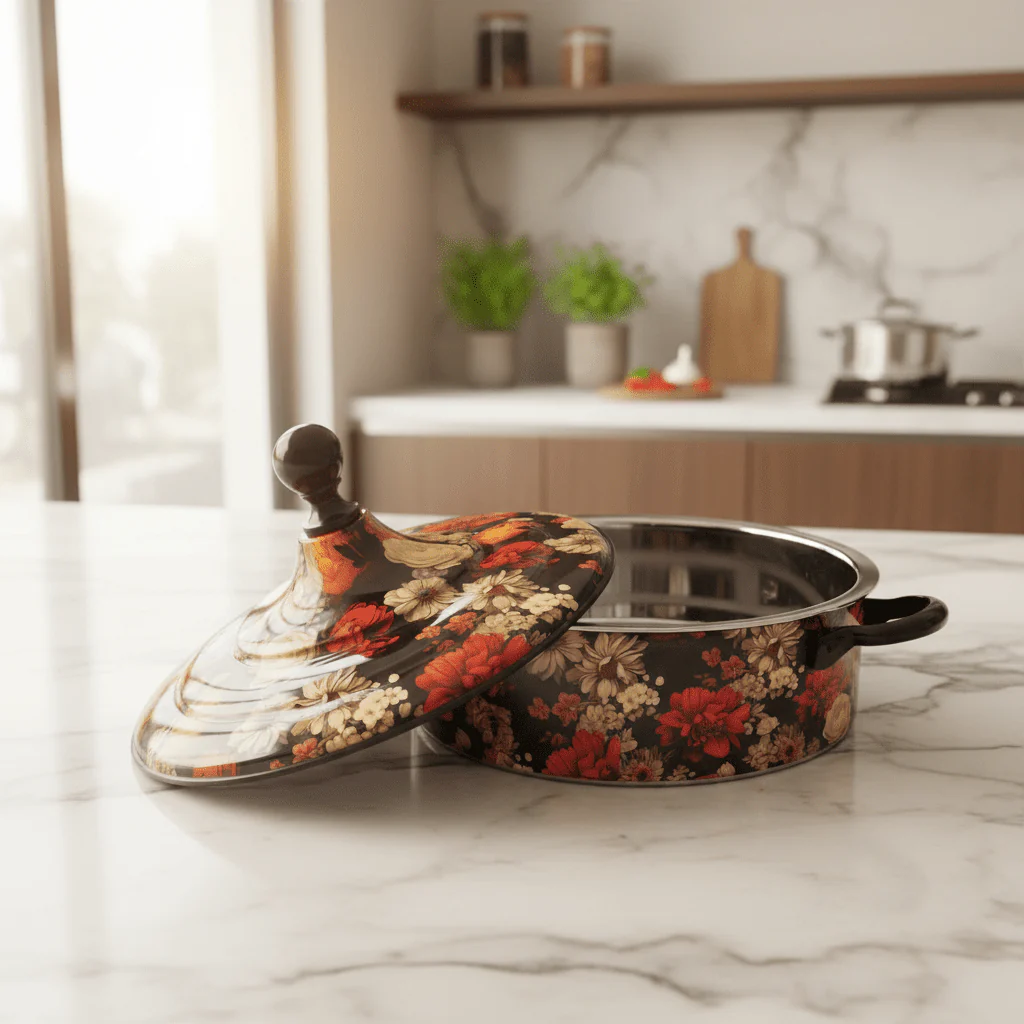 MayFlower Stainless Steel Thermal Hot Pot 8L – Black with Elegant Flower Design - Image 4