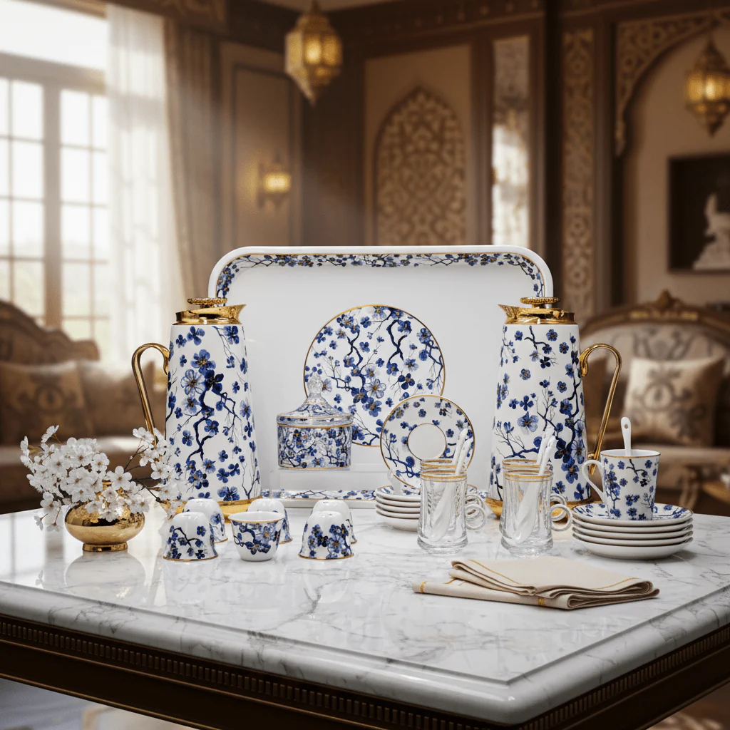 Mayflower White & Gold Decorative 29-Piece Tea and Coffee Set with Purple Flower Artwork - Image 2