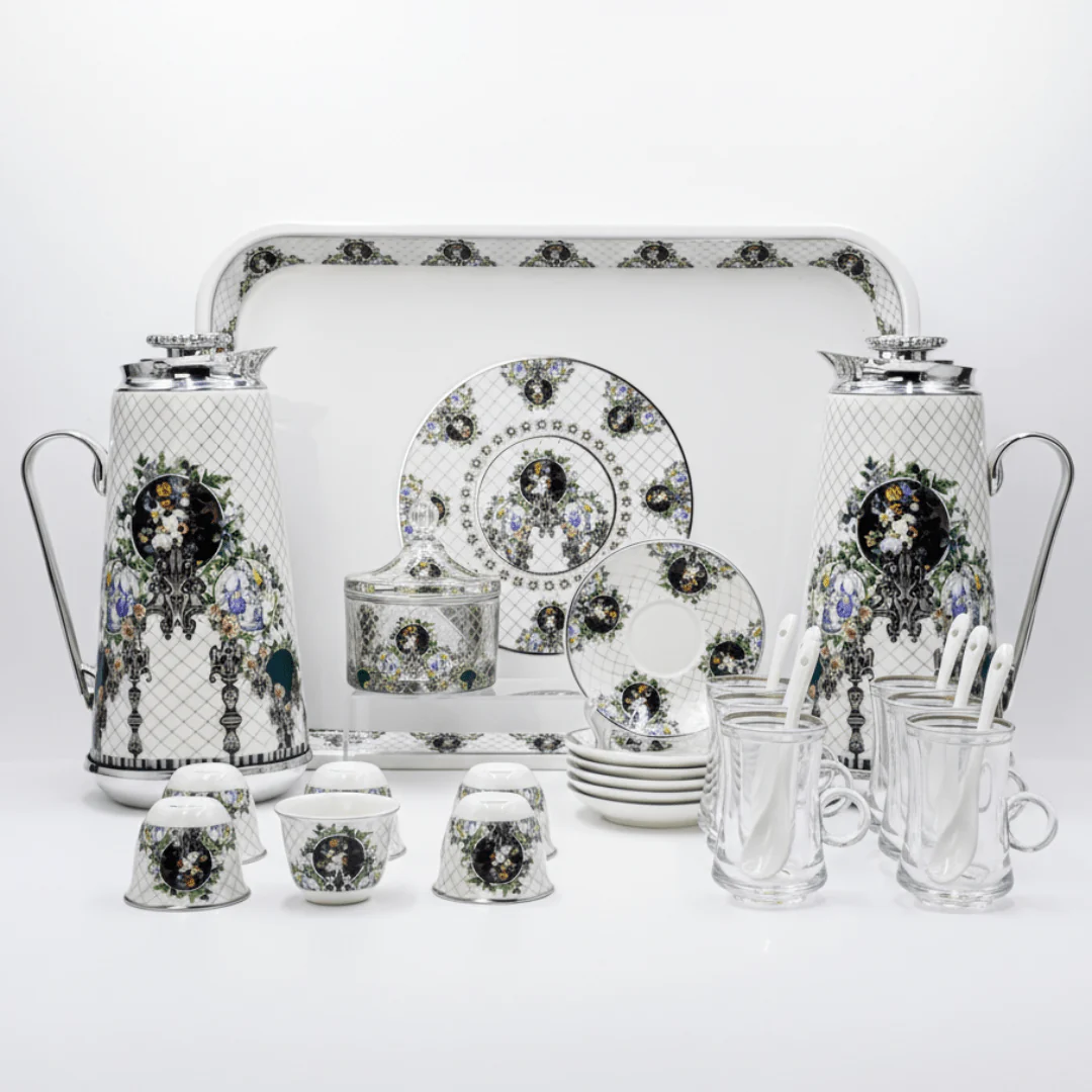 Mayflower White & Gold Premium Tea and Coffee Serving Collection with Purple and Green Floral Design