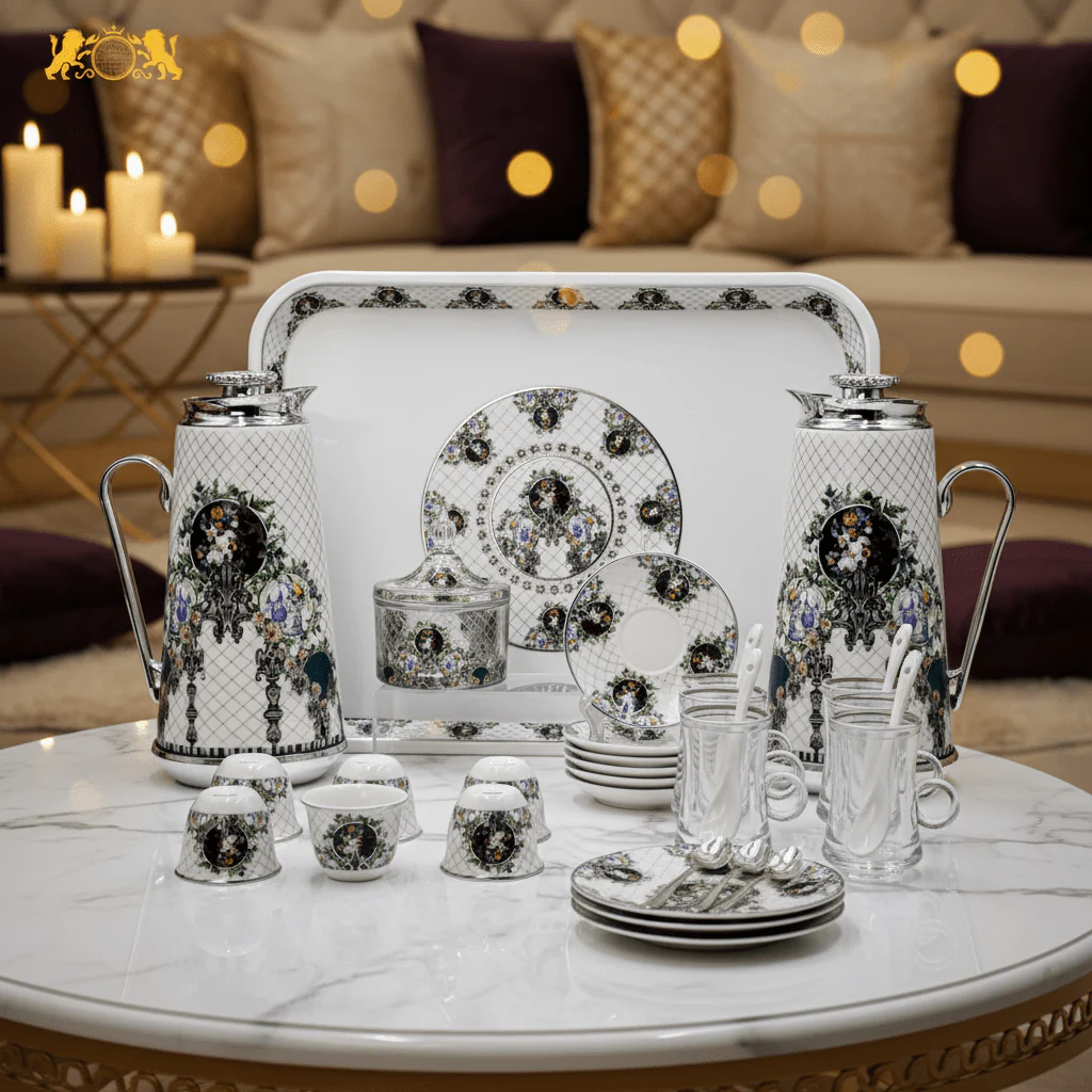 Mayflower White & Gold Premium Tea and Coffee Serving Collection with Purple and Green Floral Design - Image 2