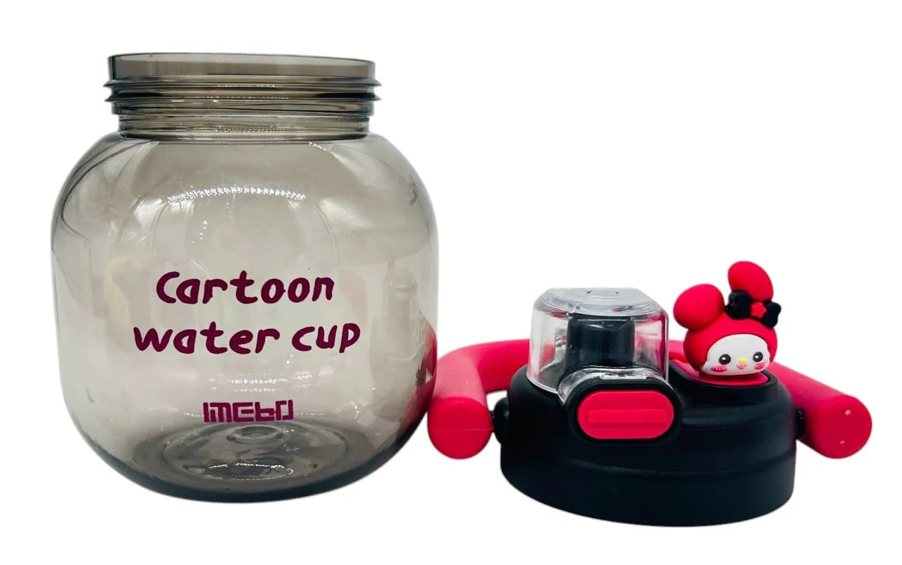 Mebo Tranparent Plastic Cartoon Water Bottle 800ml, Black-Rose - Image 2