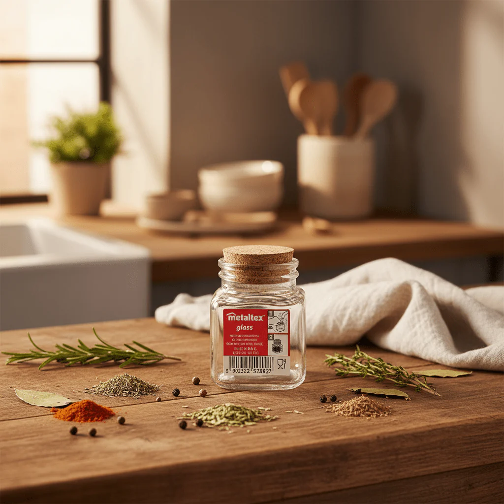 Metaltex Compact Clear Glass Storage Jar with Natural Wooden Lid for Spices, Herbs & Dry Foods – 100ml - Image 2
