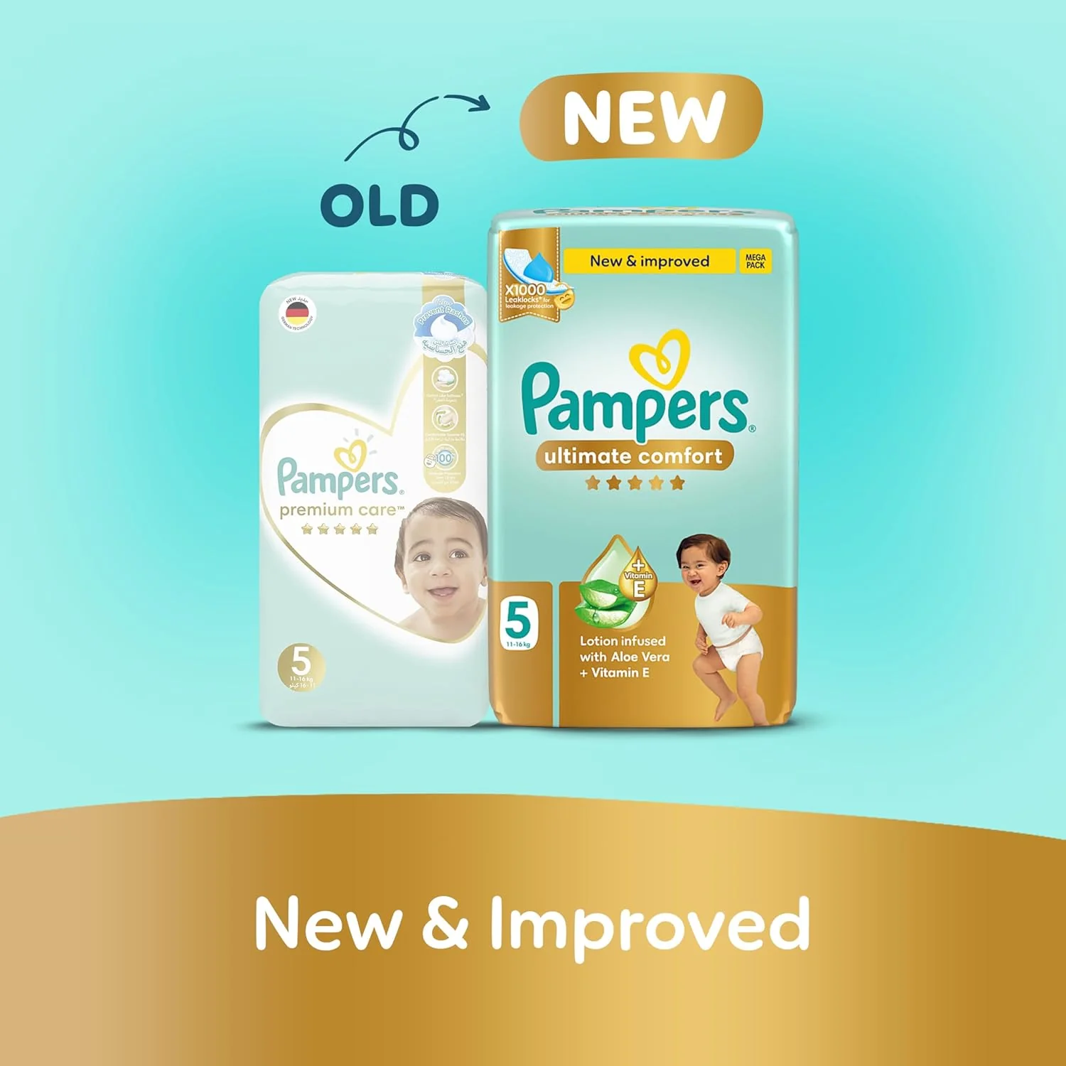 Pampers Ultimate Comfort Taped Diapers, Size 5, 11-16kg, Lotion infused with Aloe Vera and Vitamin E, x1000 Leak Locks Technology for Leakage Protection, Mega Pack, 46 Count - Image 2