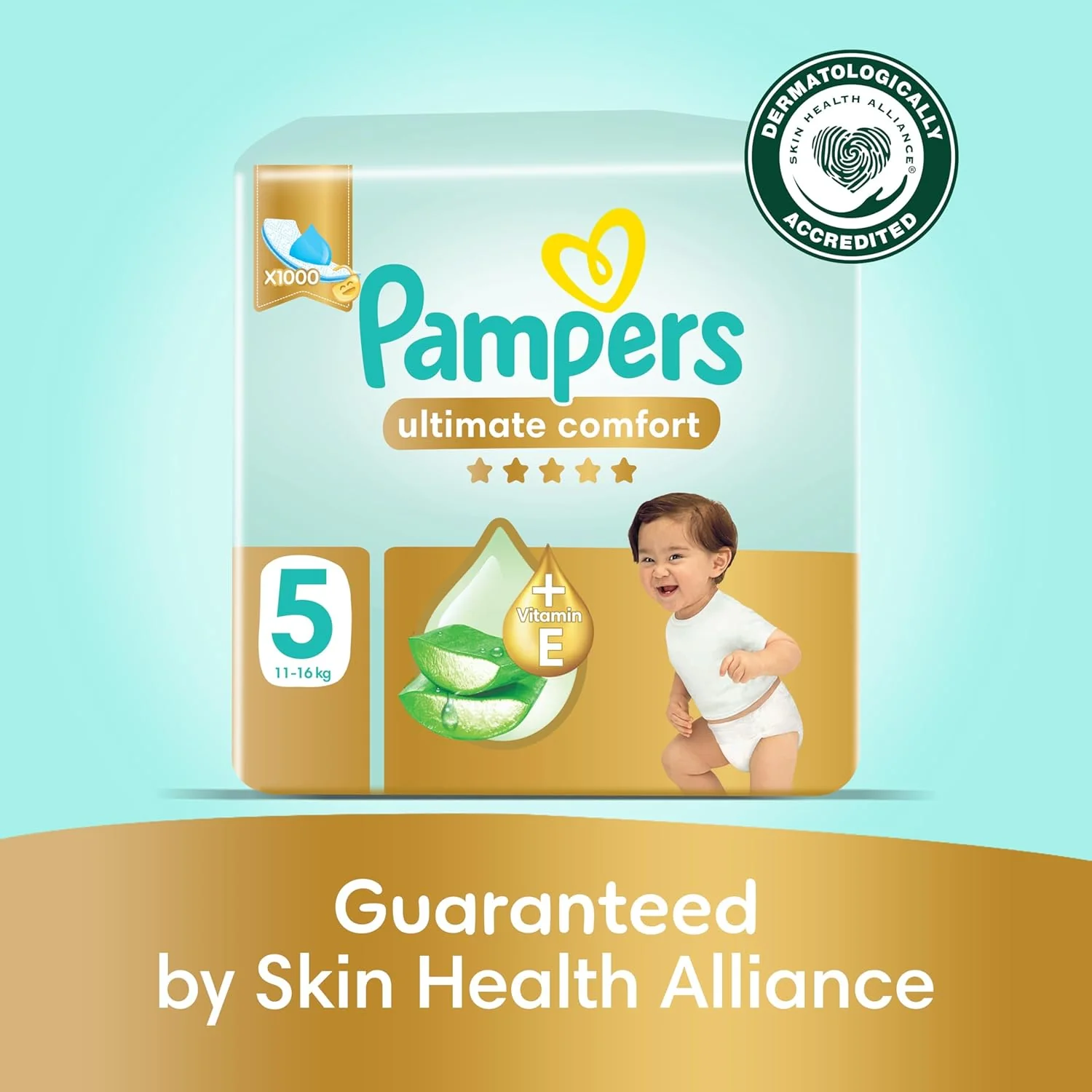 Pampers Ultimate Comfort Taped Diapers, Size 5, 11-16kg, Lotion infused with Aloe Vera and Vitamin E, x1000 Leak Locks Technology for Leakage Protection, Mega Pack, 46 Count - Image 6