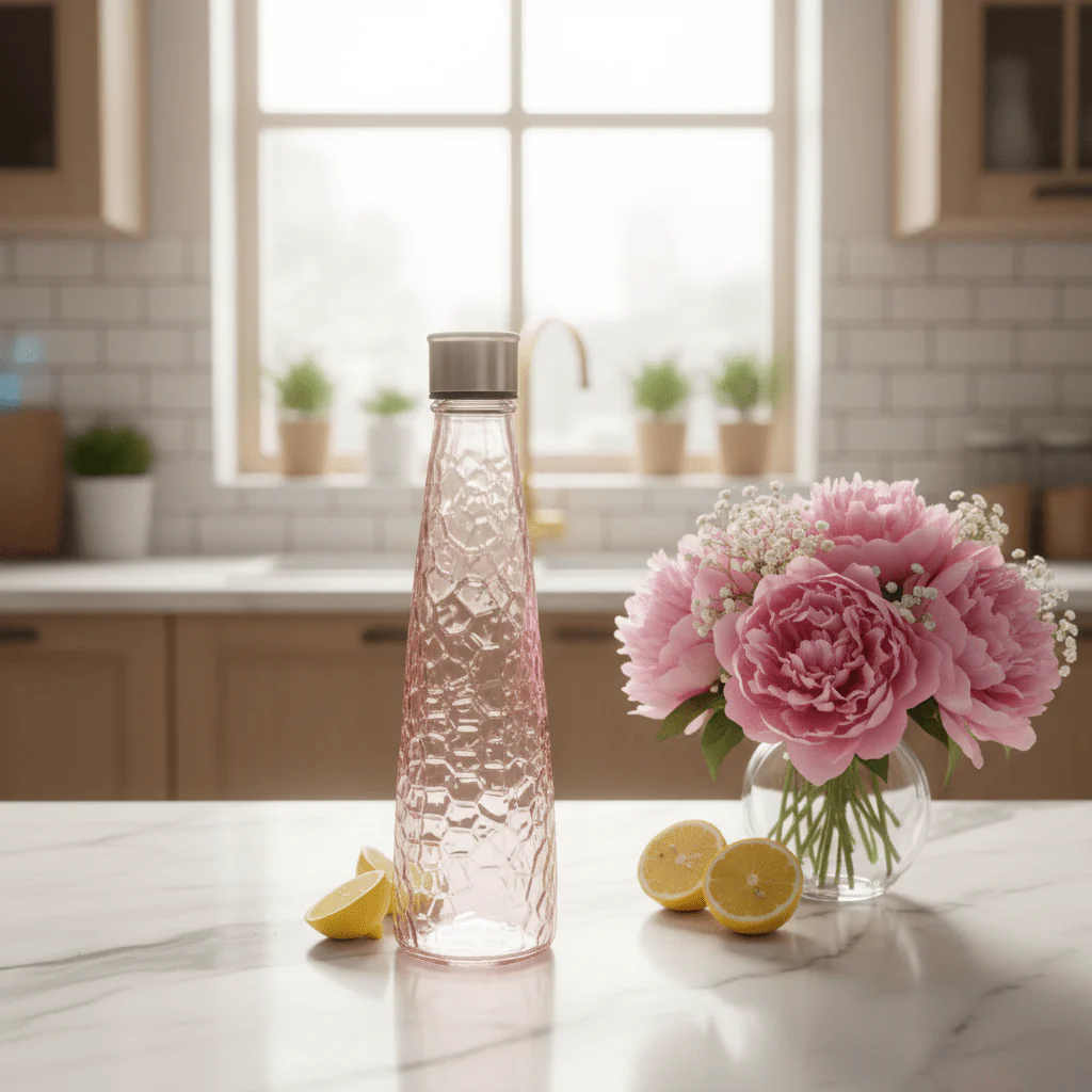 Millerhaus Honeycomb-Textured Crystal Glass Bottle 750ml with Metal Lid,Transparent Pink - Image 2