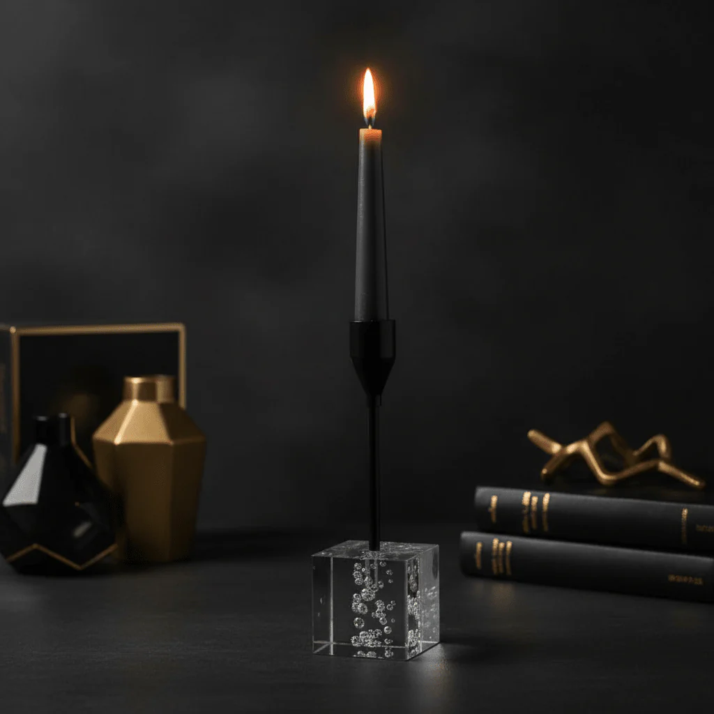 Modern Crystal & Black Metal Candle Holder Stand for Contemporary Table Decoration – 17cm - Image 2