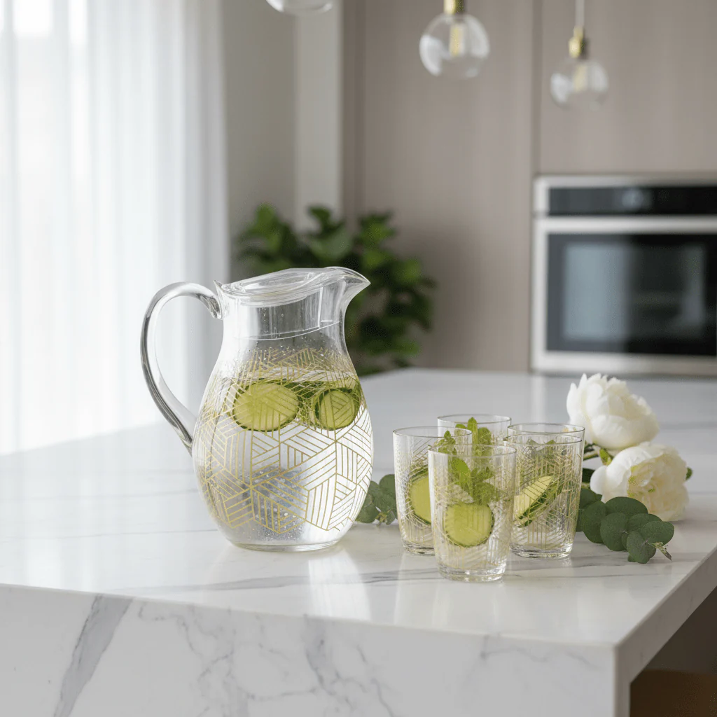 Modern Elegance Clear Acrylic Water Jug with Premium Gold Line Art Design – 22 cm - Image 3