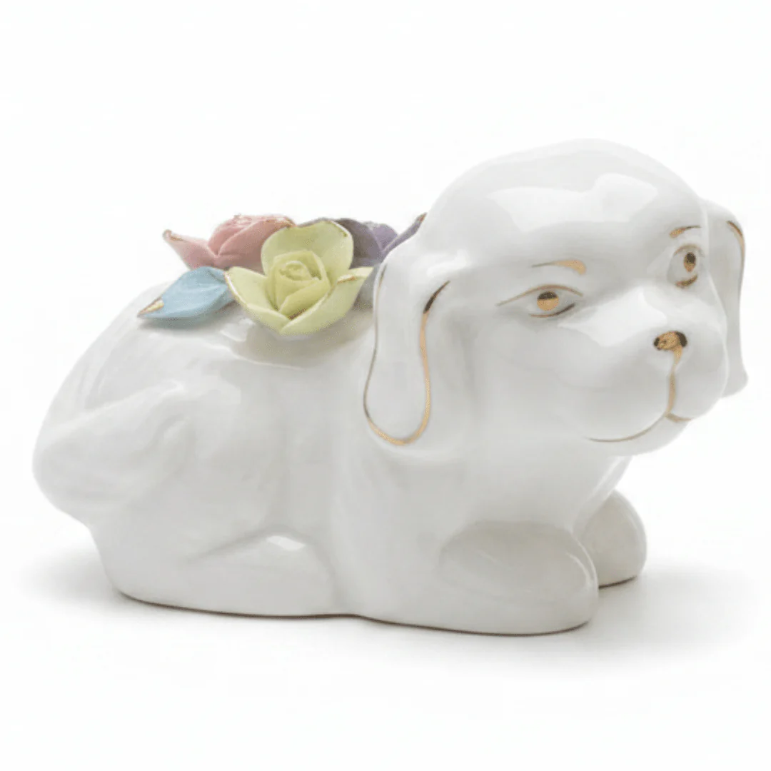 Modern White Ceramic Dog Decorative Table Accent with Floral Detailing for Stylish Interiors – 15cm
