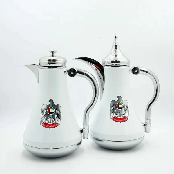 Mydot Deluxe 2-Piece Vacuum Flask Set (1L + 1L) – Elegant White with Premium Silver UAE Emblem Design